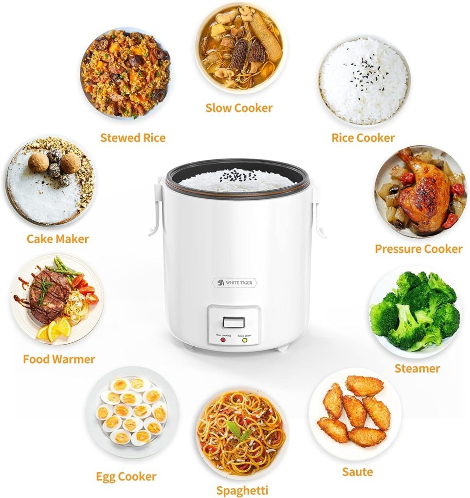 1.0L Mini Rice Cooker,WHITE TIGER Portable Travel Steamer Small,15 Minutes Fast Cooking, Removable Non-stick Pot, Keep Warm, Suitable For 1-2 People - For Cooking Soup, Rice, Stews  Oatmeal