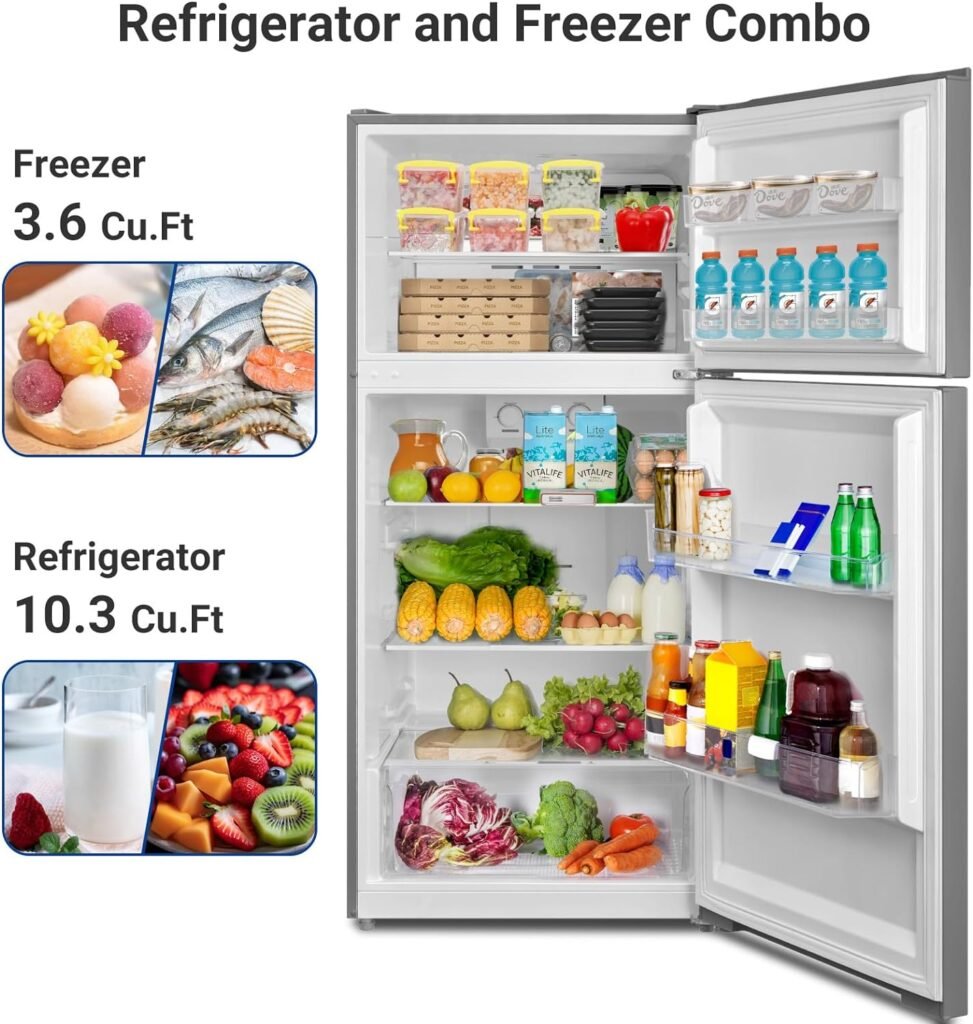 13.9 Cu.Ft.Top Freezer Refrigerator, Full Size Refrigerator, 28 in.W Frost Free Fridge with LED Light, Reversible door, Garage Ready, Stainless Steel