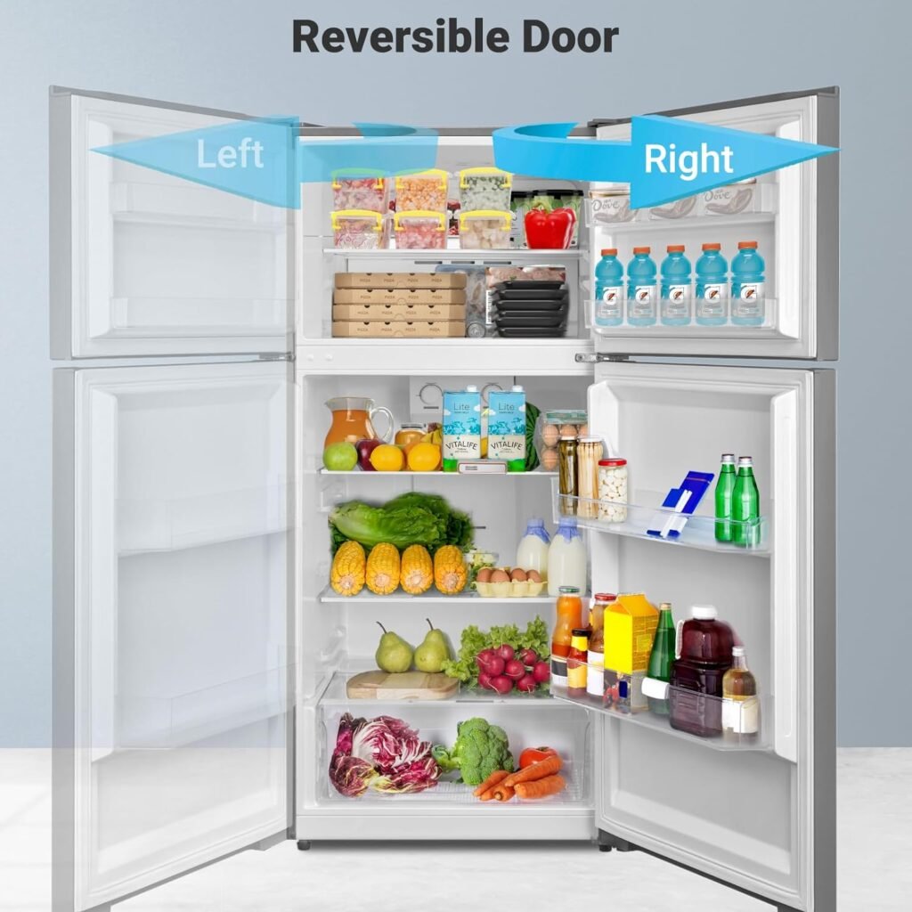 13.9 Cu.Ft.Top Freezer Refrigerator, Full Size Refrigerator, 28 in.W Frost Free Fridge with LED Light, Reversible door, Garage Ready, Stainless Steel