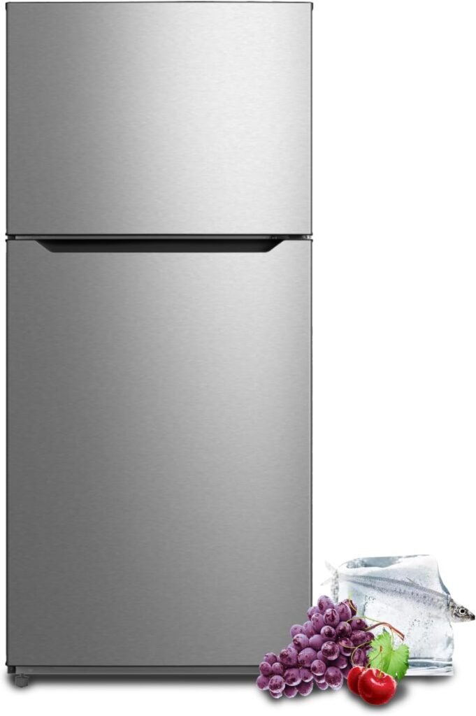 13.9 Cu.Ft.Top Freezer Refrigerator, Full Size Refrigerator, 28 in.W Frost Free Fridge with LED Light, Reversible door, Garage Ready, Stainless Steel