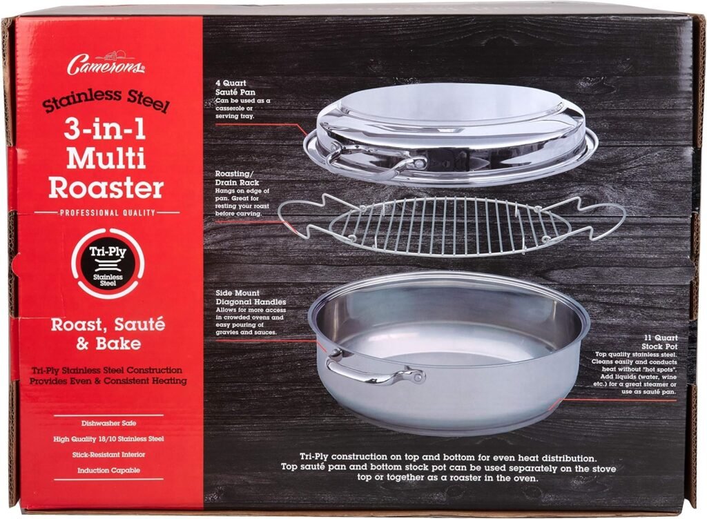 3 In 1 Multi Roaster w Lid- 18/10 Professional Grade Tri-Ply Stainless Steel- 11qt Poultry Roasting Pan w Rack, Stock Pot,  Sautee Cookware- Induction Capable w Stick Resistant Interior