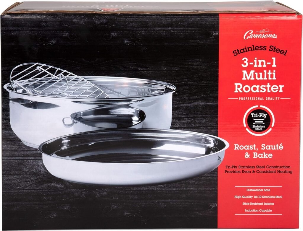 3 In 1 Multi Roaster w Lid- 18/10 Professional Grade Tri-Ply Stainless Steel- 11qt Poultry Roasting Pan w Rack, Stock Pot,  Sautee Cookware- Induction Capable w Stick Resistant Interior