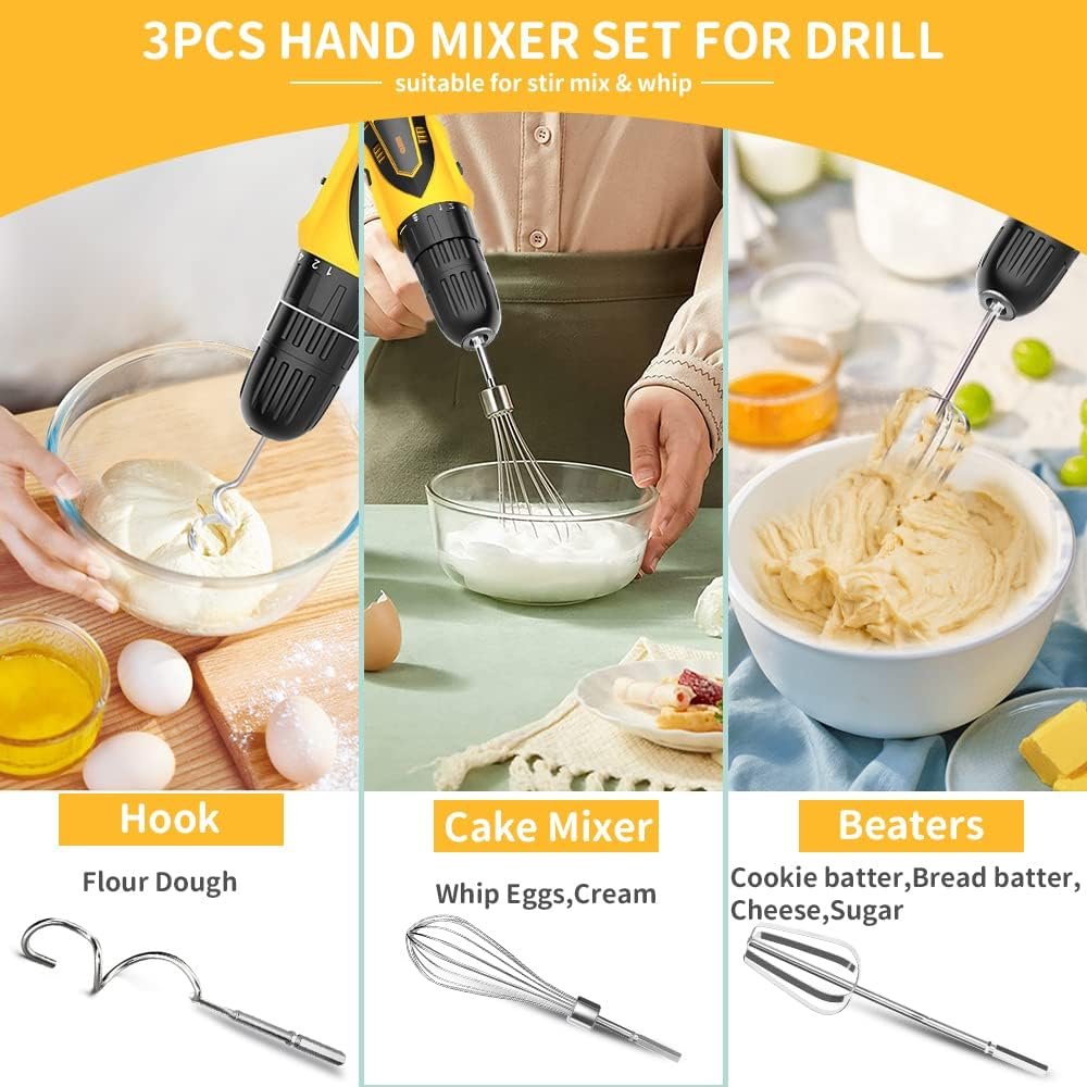 3-Piece Stainless Steel Hand Mixer Attachment Set - Whisk, Dough Hook, Egg Beater for Drills - Dishwasher Safe, 7.5 Inch (Drill Not Included)