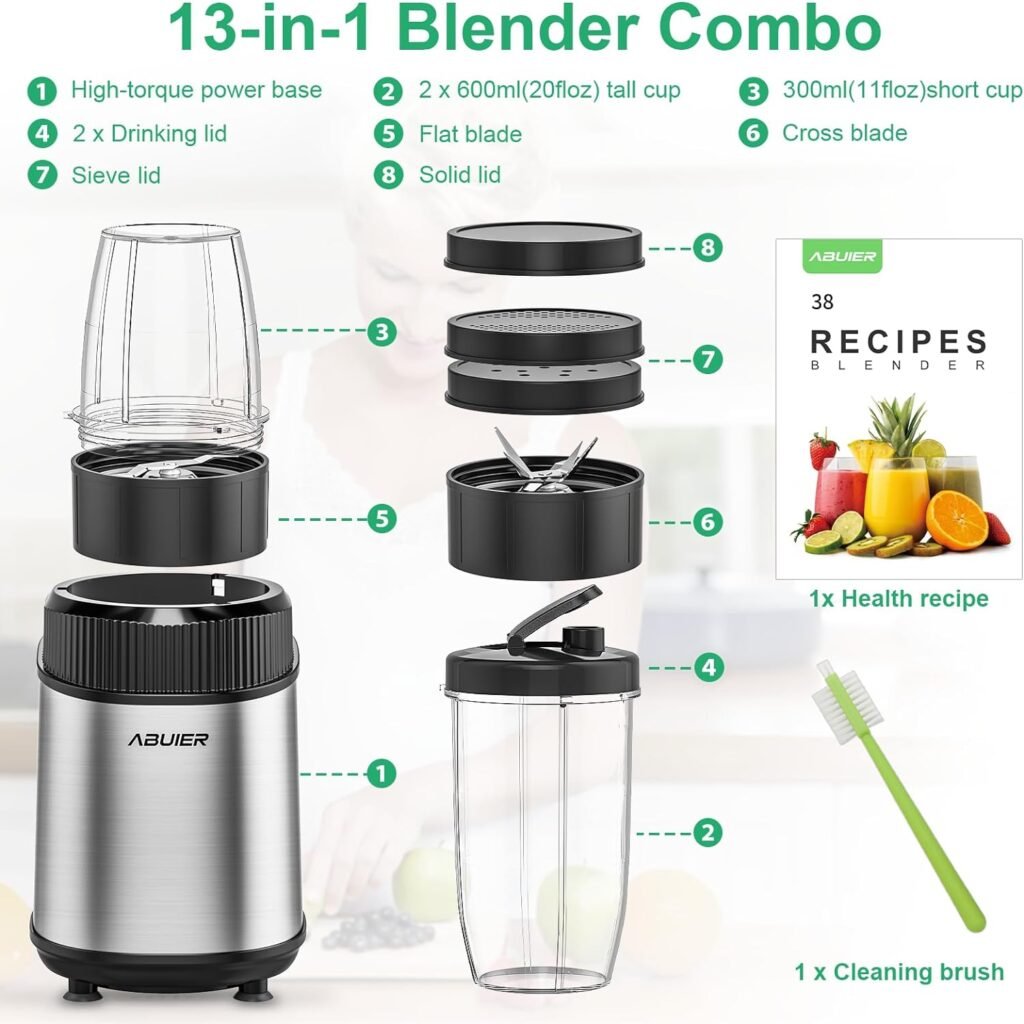 900W Smoothie Blender, Abuler Personal Blender for Shakes and Smoothies, 13 Pieces with 20 OZ *2 To-Go Cups, Portable Blenders for Kitchen Smoothie Ice Protein Frozen Juices Drink, Spices, BPA Free