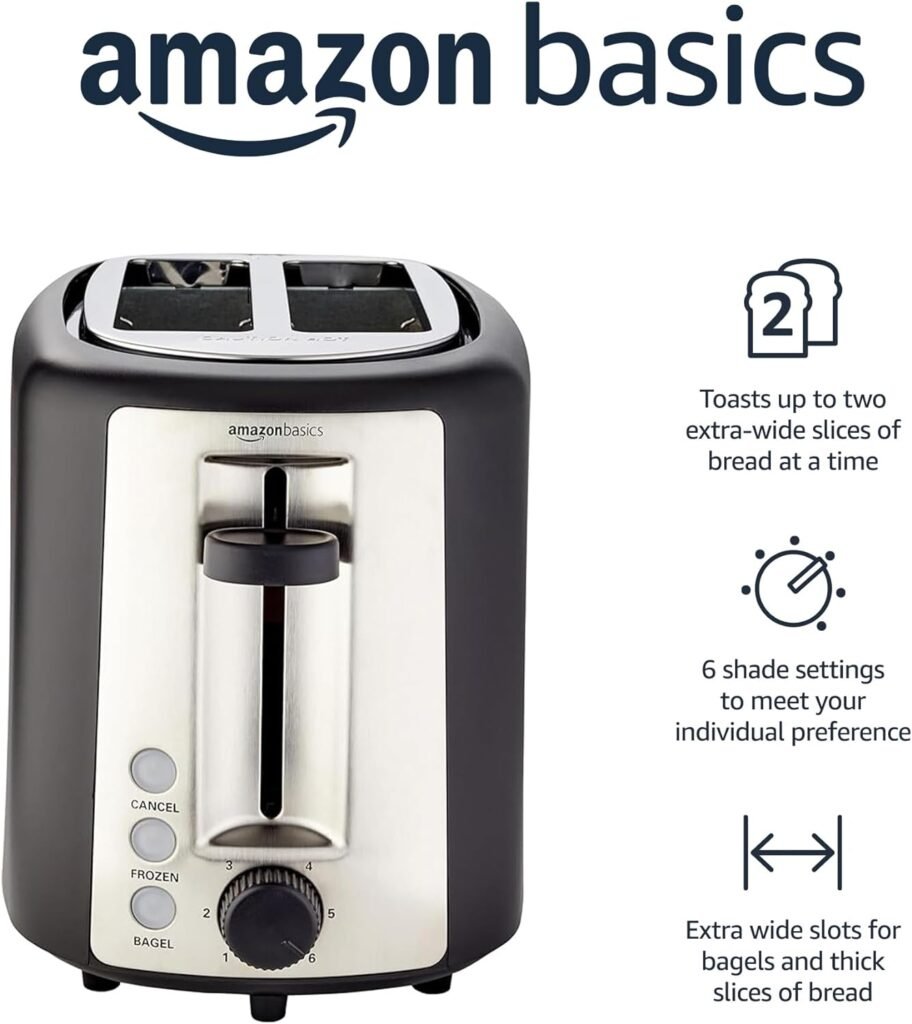 Amazon Basics 2 Slice, Extra-Wide Slot Toaster with 6 Shade Settings, Black  Silver