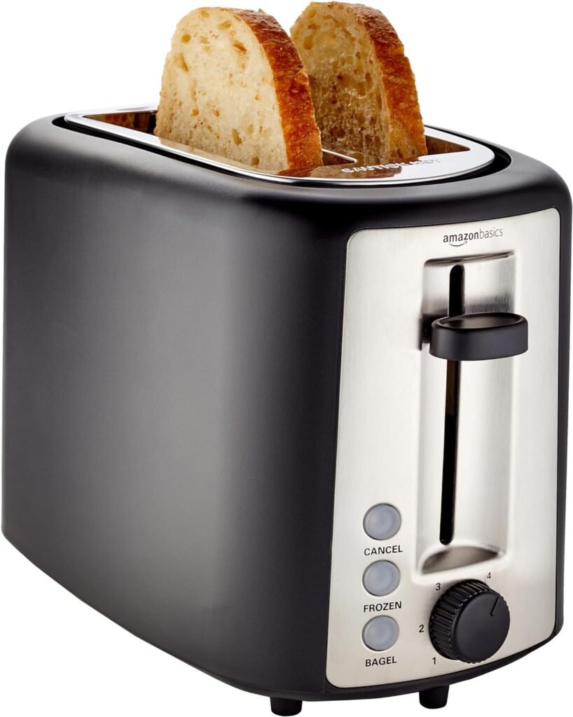 Amazon Basics 2 Slice, Extra-Wide Slot Toaster with 6 Shade Settings, Black  Silver