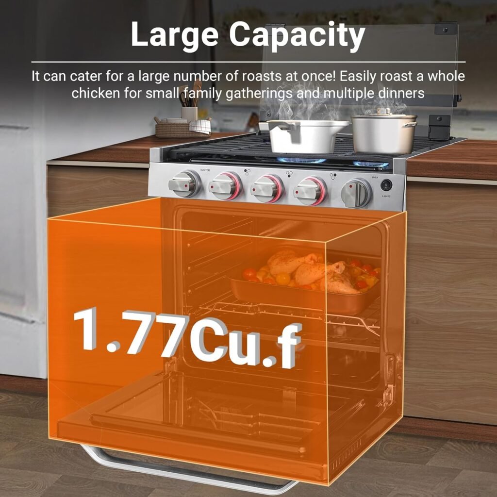 AMZCHEF 21 Inch Gas Range Stove 12V. Ideal for RV Use with 3 Burners, 1.77 Cu.Ft. Capacity Gas Oven, 28,100BTU, Open Flame Configuration, Knob work indicator, Heavy Duty Cast Iron Grates,