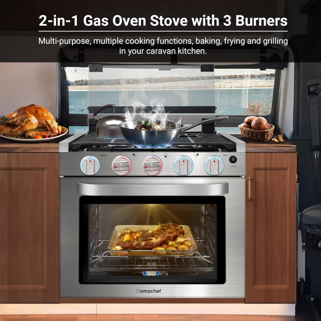 AMZCHEF 21 Inch Gas Range Stove 12V. Ideal for RV Use with 3 Burners, 1.77 Cu.Ft. Capacity Gas Oven, 28,100BTU, Open Flame Configuration, Knob work indicator, Heavy Duty Cast Iron Grates,