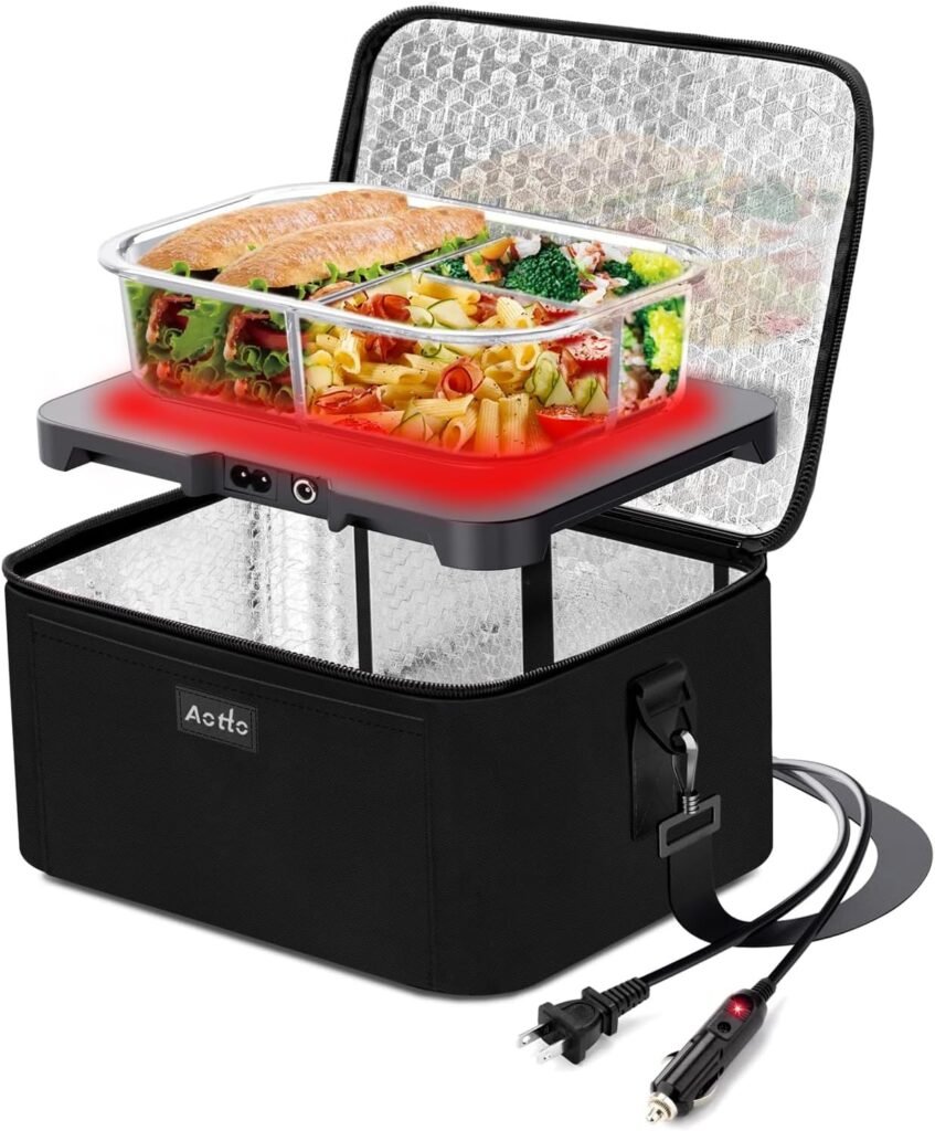 Aotto Portable Oven, 12V, 24V, 110V Food Warmer, Portable Mini Personal Microwave Heated Lunch Box Warmer for Cooking and Reheating Food in Car, Truck, Travel, Camping, Work, Home, Black