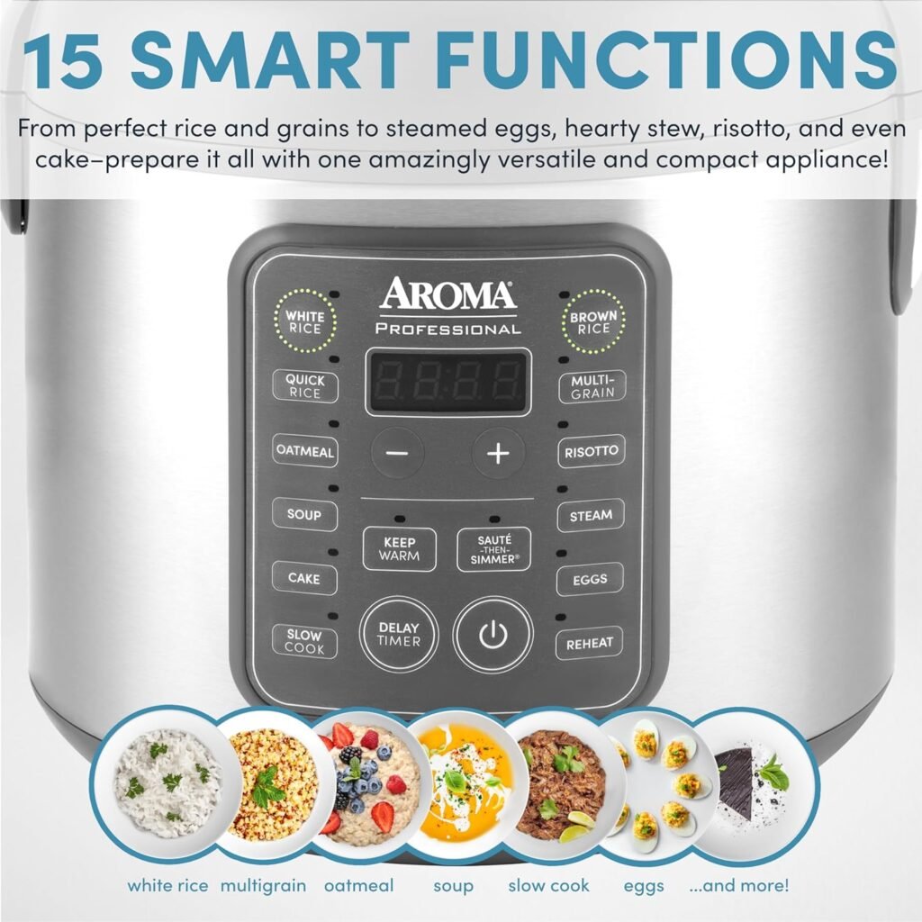 AROMA® Digital Rice Cooker, 4-Cup (Uncooked) / 8-Cup (Cooked), Steamer, Multicooker, Slow Cooker, Oatmeal Cooker, Auto Keep Warm, 2 Qt, Stainless Steel Exterior