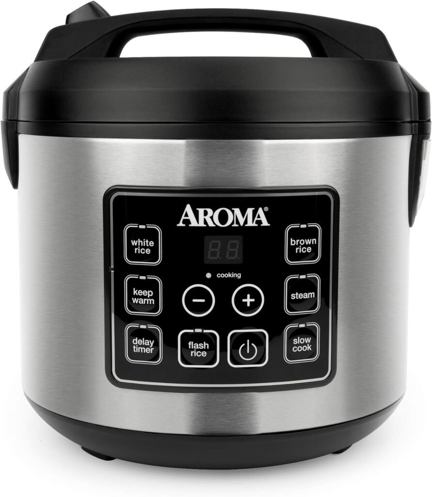 Aroma Housewares 20 Cup Cooked (10 cup uncooked) Digital Rice Cooker, Slow Cooker, Food Steamer, SS Exterior (ARC-150SB),Black