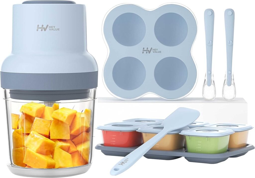 Baby Food Maker, HEYVALUE 13-in-1 Baby Food Processor Set for Baby Food, Fruit, Vegatable, Meat, Baby Food Blender with Baby Food Containers, Food Freezer Tray, Silicone Spoons, Spatula (Gray)