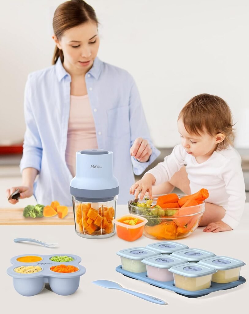 Baby Food Maker, HEYVALUE 13-in-1 Baby Food Processor Set for Baby Food, Fruit, Vegatable, Meat, Baby Food Blender with Baby Food Containers, Food Freezer Tray, Silicone Spoons, Spatula (Gray)