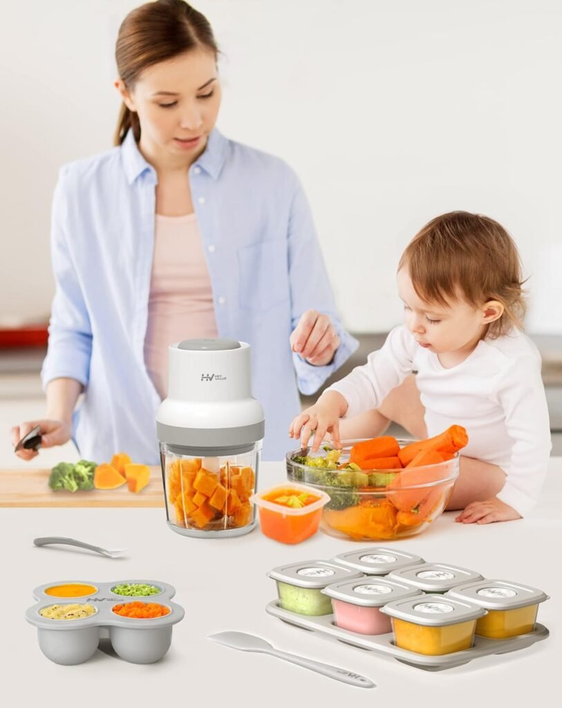 Baby Food Maker, HEYVALUE 13-in-1 Baby Food Processor Set for Baby Food, Fruit, Vegatable, Meat, Baby Food Blender with Baby Food Containers, Food Freezer Tray, Silicone Spoons, Spatula (Gray)