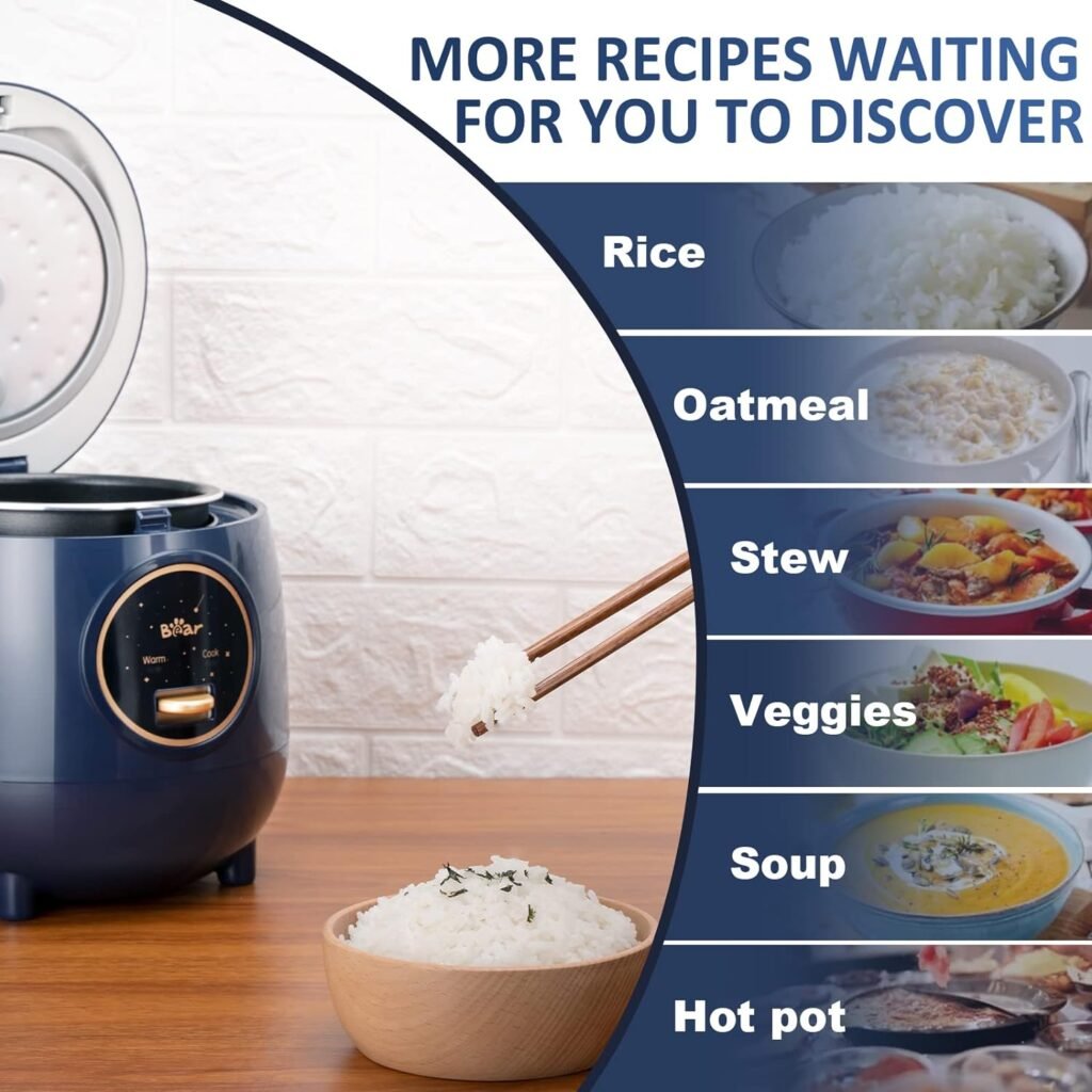 Bear Rice Cooker 2-Cups Uncooked, 1.2L Small Rice Cooker with Non-stick Coating, BPA Free, Portable Mini Rice Cooker, One Button to Cook and Keep Warm Function, White