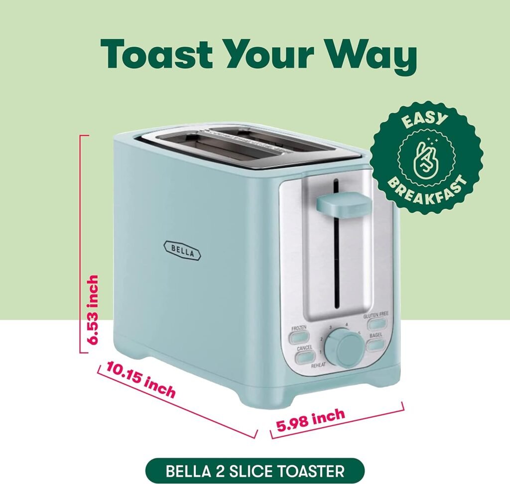 BELLA 2 Slice Toaster with Auto Shut Off - Extra Wide Slots  Removable Crumb Tray and Cancel, Defrost  Reheat Function - Toast Bread, Bagel  Waffle, Aqua