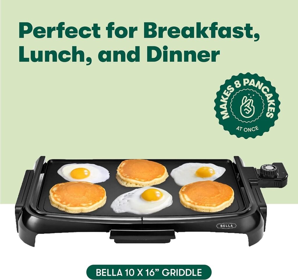 BELLA Electric Griddle  Flat Grill with Nonstick Large Cooking Surface and Removable Probe for Eggs, Tortillas, Pancake and more, 10.5 x 20, Black