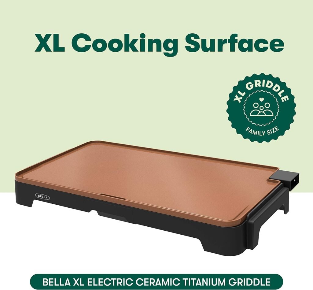 BELLA Electric Griddle  Flat Grill with Nonstick Large Cooking Surface and Removable Probe for Eggs, Tortillas, Pancake and more, 10.5 x 20, Black