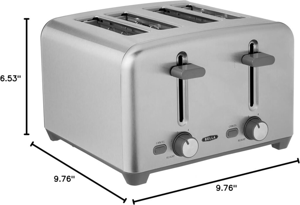 BELLA Stainless Steel 2 Slice Toaster with Extra Wide Slots  Removable Crumb Tray - 6 Browning Options, Auto Shut Off  Reheat Function - Toast Bread, Bagel  Waffle