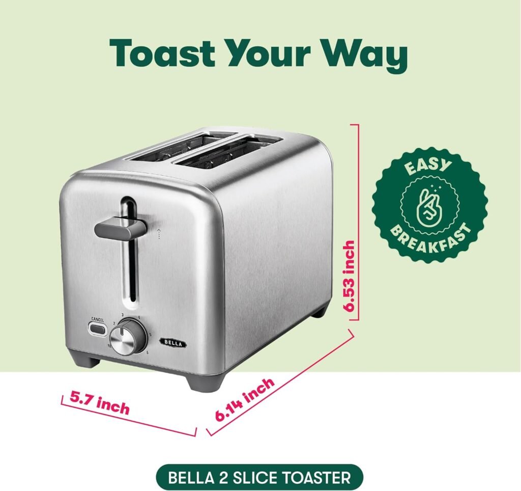 BELLA Stainless Steel 2 Slice Toaster with Extra Wide Slots  Removable Crumb Tray - 6 Browning Options, Auto Shut Off  Reheat Function - Toast Bread, Bagel  Waffle