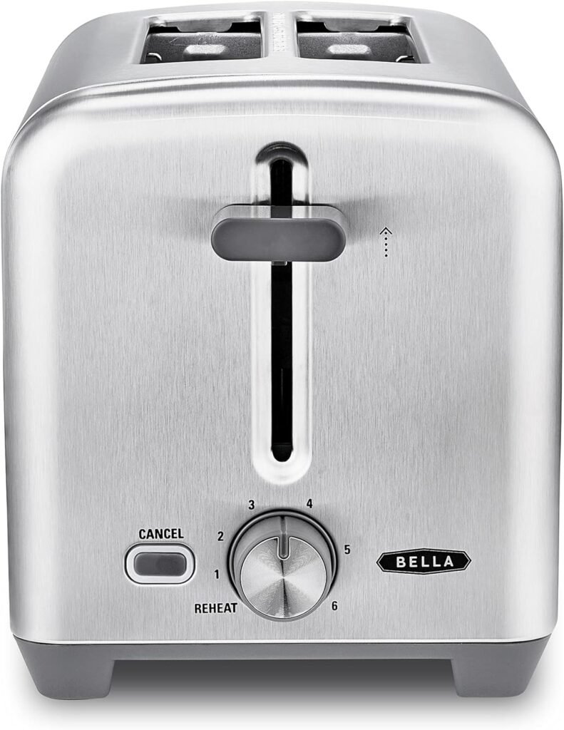 BELLA Stainless Steel 2 Slice Toaster with Extra Wide Slots  Removable Crumb Tray - 6 Browning Options, Auto Shut Off  Reheat Function - Toast Bread, Bagel  Waffle