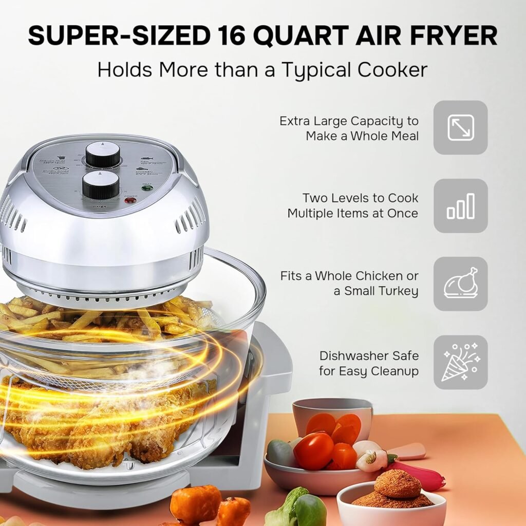 Big Boss 16Qt Large Air Fryer Oven – Large Halogen Oven Cooker with 50+ Air Fryers Recipe Book for Quick + Easy Meals for Entire Family, AirFryer Oven Makes Healthier Crispy Foods – Silver