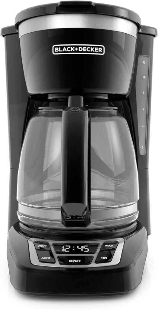 BLACK+DECKER 12-Cup Digital Coffee Maker, CM1160B, Programmable, Washable Basket Filter, Sneak-A-Cup, Auto Brew, Water Window, Keep Hot Plate, Black