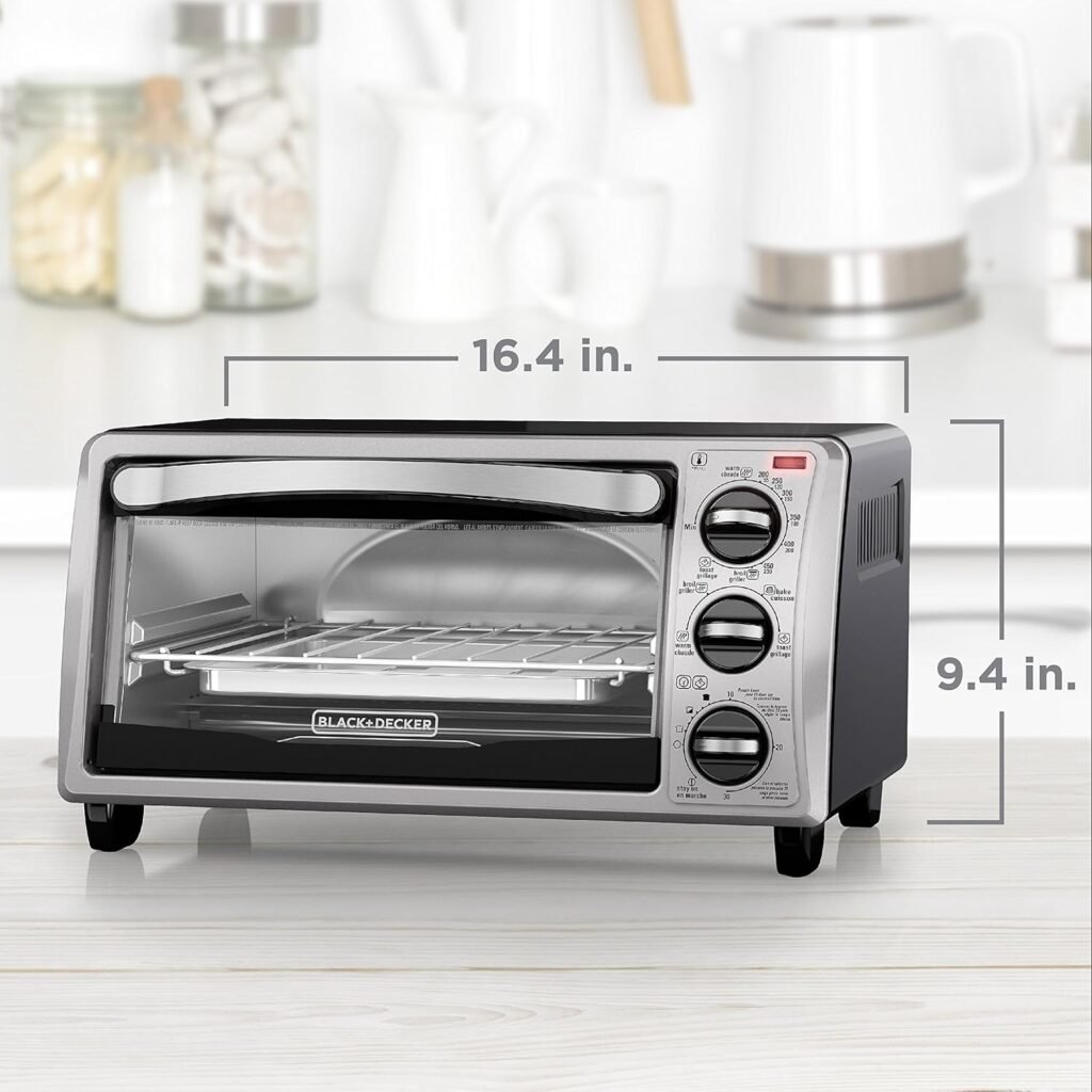 BLACK+DECKER 4-Slice Toaster Oven, TO1313SBD, Even Toast, 4 Cooking Functions Bake, Broil, Toast and Keep Warm, Removable Crumb Tray, Timer