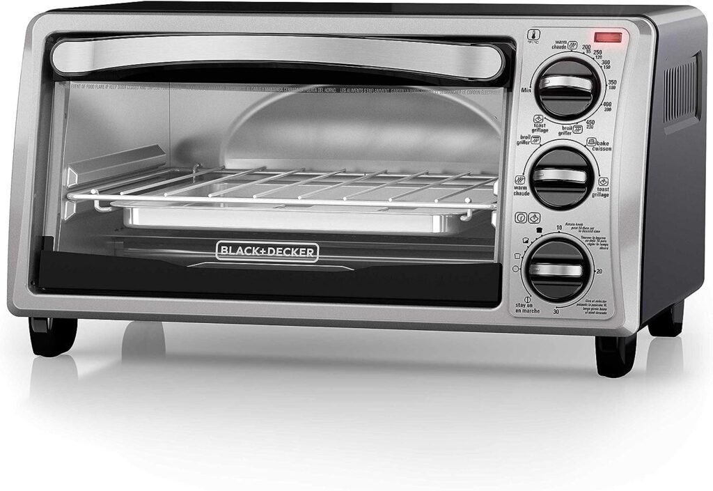 BLACK+DECKER 4-Slice Toaster Oven, TO1313SBD, Even Toast, 4 Cooking Functions Bake, Broil, Toast and Keep Warm, Removable Crumb Tray, Timer