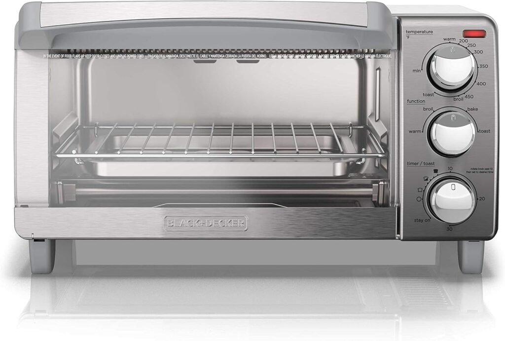 BLACK+DECKER 4-Slice Toaster Oven, TO1313SBD, Even Toast, 4 Cooking Functions Bake, Broil, Toast and Keep Warm, Removable Crumb Tray, Timer