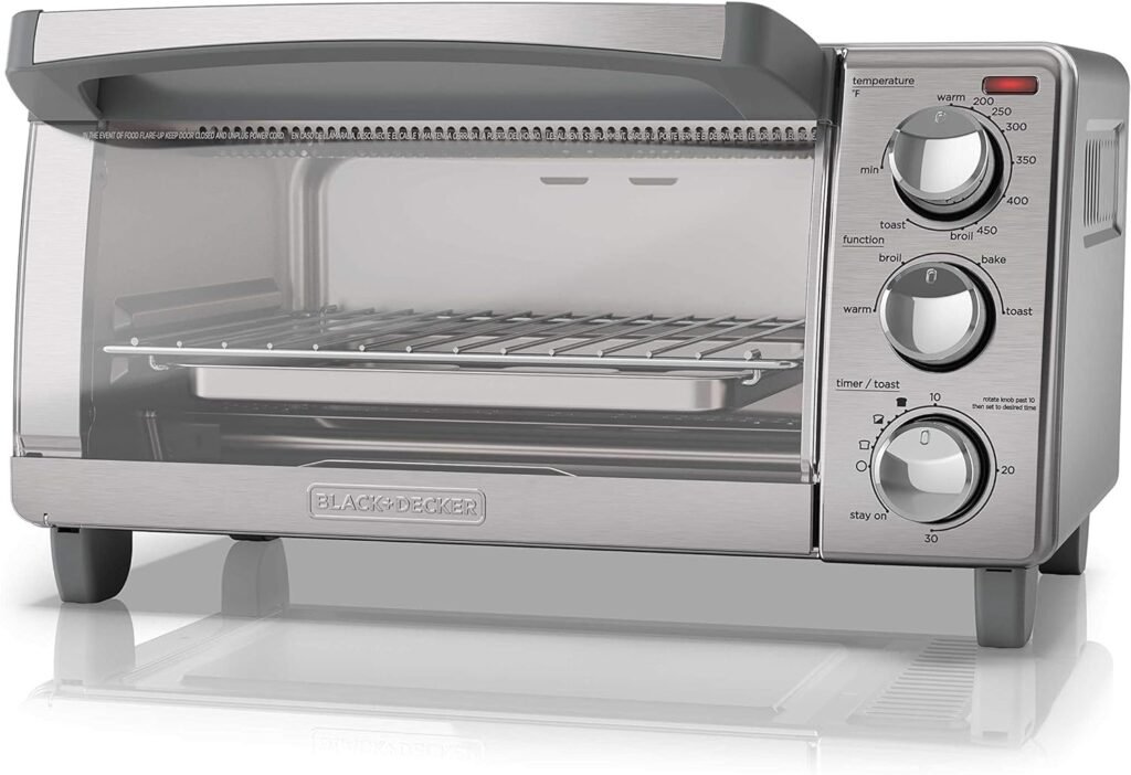 BLACK+DECKER 4-Slice Toaster Oven, TO1745SSG, Even Toast, 4 Cooking Functions Bake, Broil, Toast and Keep Warm, Removable Crumb Tray, Timer