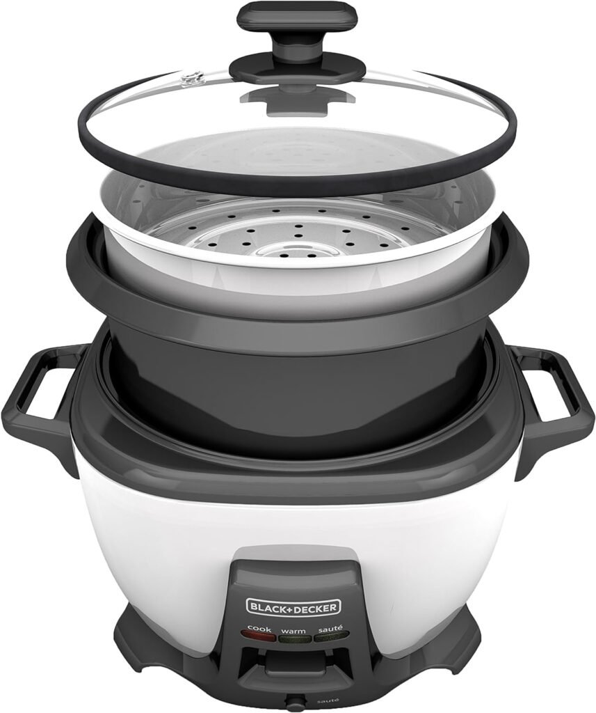 BLACK+DECKER Rice Cooker 6-Cup (Cooked) with Steaming Basket, Removable Non-Stick Bowl, White