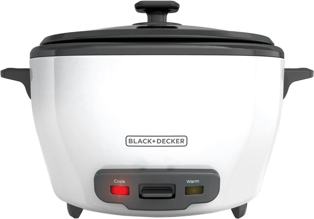 BLACK+DECKER Rice Cooker 6-Cup (Cooked) with Steaming Basket, Removable Non-Stick Bowl, White