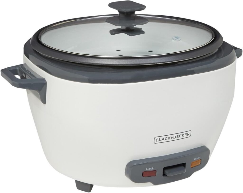 BLACK+DECKER Rice Cooker 6-Cup (Cooked) with Steaming Basket, Removable Non-Stick Bowl, White