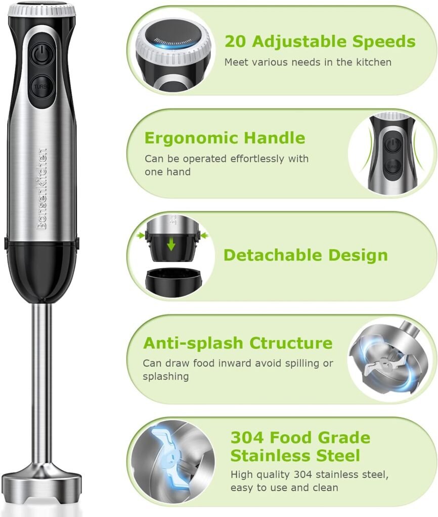 Bonsenkitchen Immersion Blender, 20 Variable Speeds  Turbo, 4-In-1 Stainless Steel Handheld Blender Stick Mixer with Egg Whisk, Beaker  Chopper Bowl