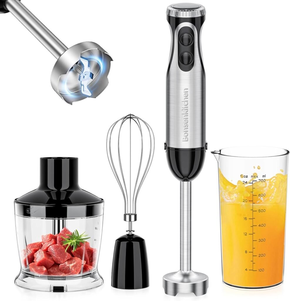 Bonsenkitchen Immersion Blender, 20 Variable Speeds  Turbo, 4-In-1 Stainless Steel Handheld Blender Stick Mixer with Egg Whisk, Beaker  Chopper Bowl