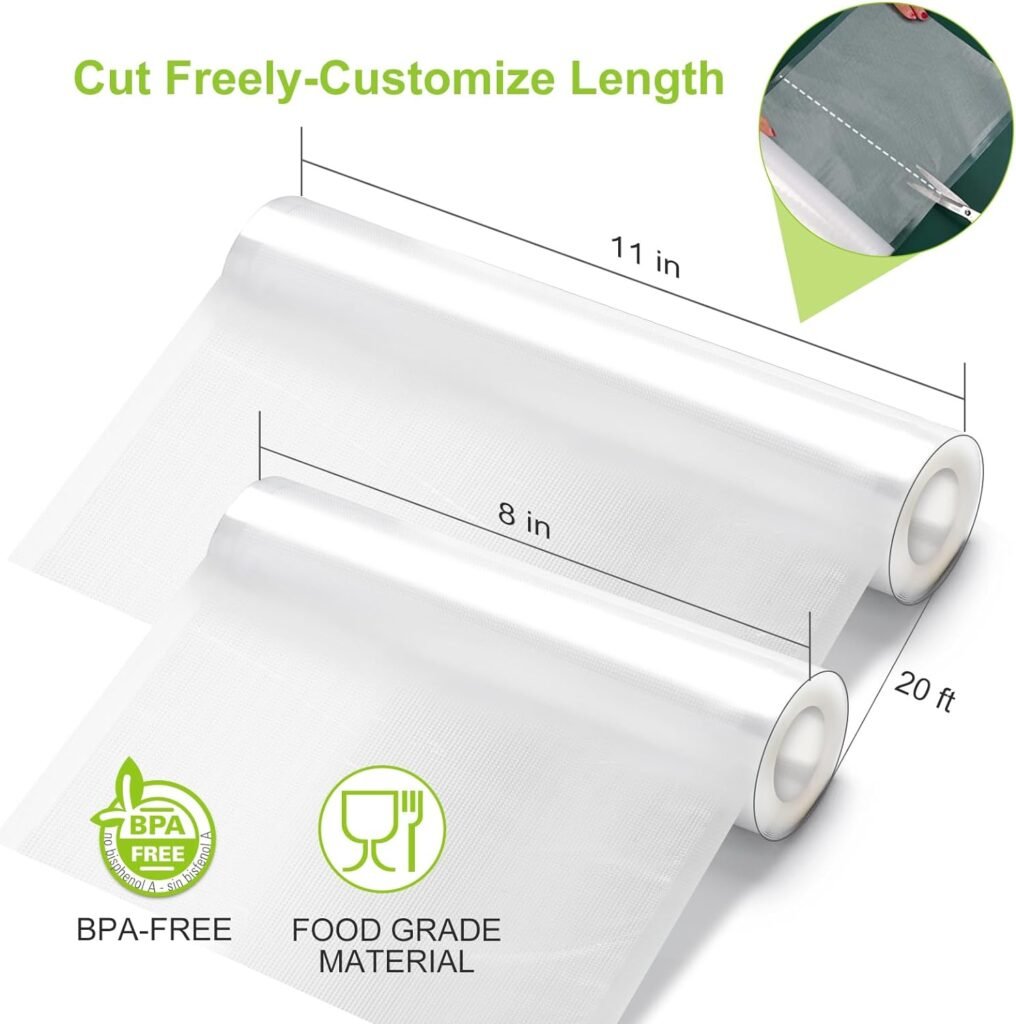 Bonsenkitchen Vacuum Sealer Rolls Bags, 6 Pack 11 x 20 3 Rolls +8 x 20 3 Rolls Storage Bags, BPA Free, Durable Commercial Customized Size Food Bags for Food Storage and Sous Vide Cooking