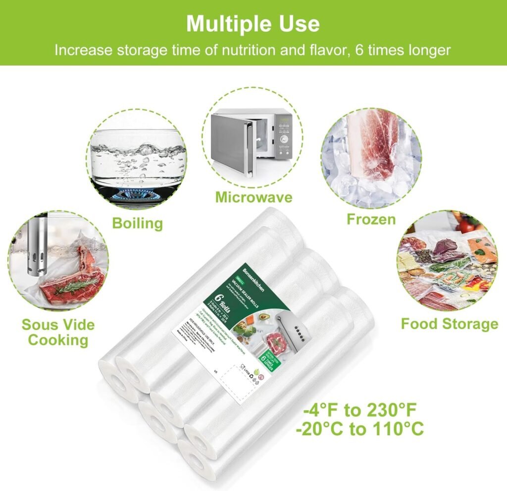 Bonsenkitchen Vacuum Sealer Rolls Bags, 6 Pack 11 x 20 3 Rolls +8 x 20 3 Rolls Storage Bags, BPA Free, Durable Commercial Customized Size Food Bags for Food Storage and Sous Vide Cooking