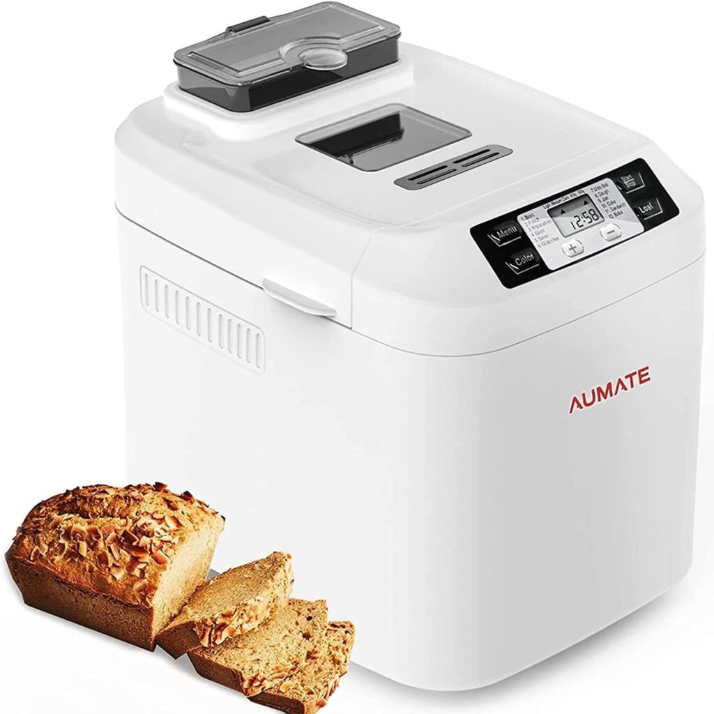 Bread Machine,AUMATE 2LB Bread Maker,with 12 Presets,Gluten-Free Setting,Auto Fruit Nut Dispenser  Nonstick Pan,2 Loaf Sizes,13H Reserve  1H Keep Warm (Milky White)