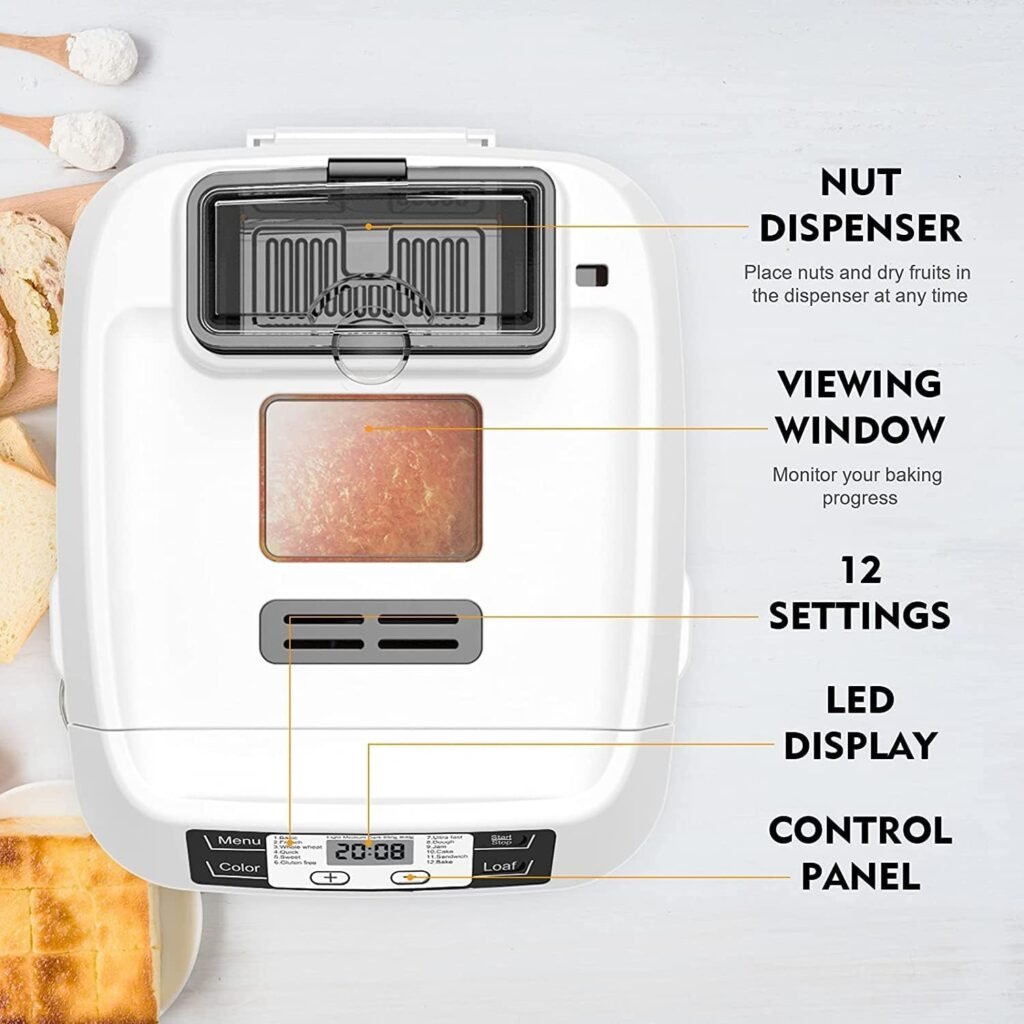 Bread Machine,AUMATE 2LB Bread Maker,with 12 Presets,Gluten-Free Setting,Auto Fruit Nut Dispenser  Nonstick Pan,2 Loaf Sizes,13H Reserve  1H Keep Warm (Milky White)