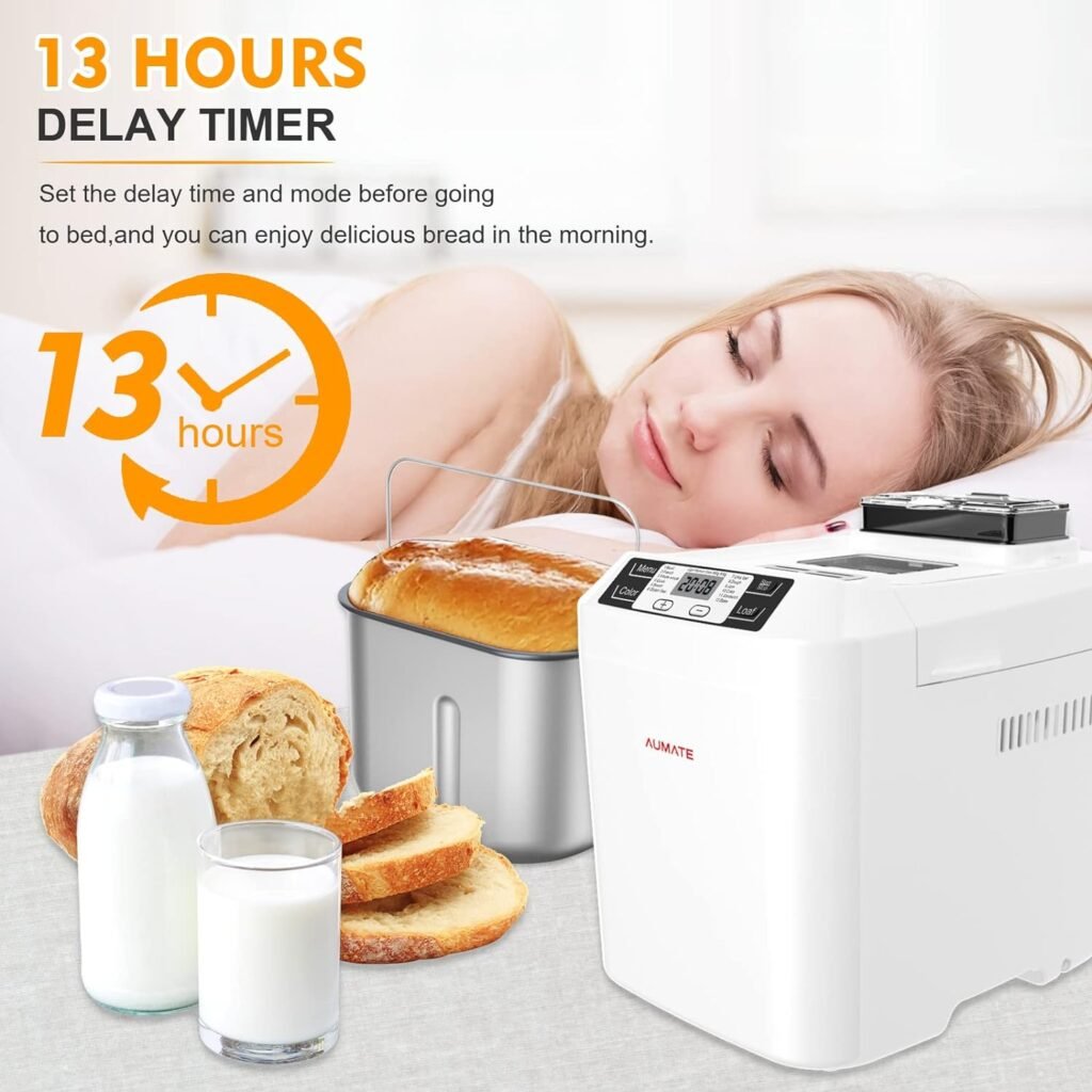 Bread Machine,AUMATE 2LB Bread Maker,with 12 Presets,Gluten-Free Setting,Auto Fruit Nut Dispenser  Nonstick Pan,2 Loaf Sizes,13H Reserve  1H Keep Warm (Milky White)