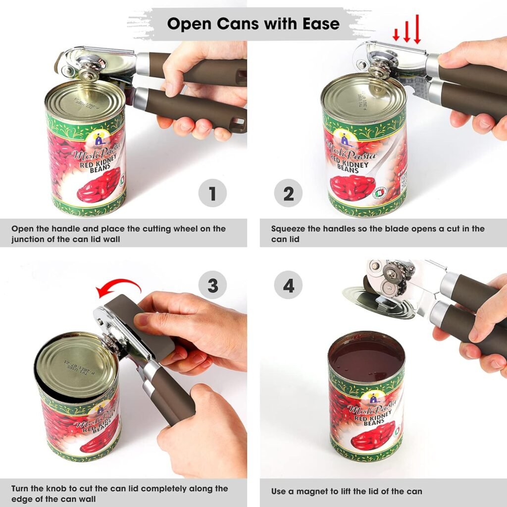 Can Opener Manual with Magnet and Sharp Blade Smooth Edge, Handheld Openers with Big Effort-Saving Knob, Can Opener with Multifunctional Bottles Opener, Green