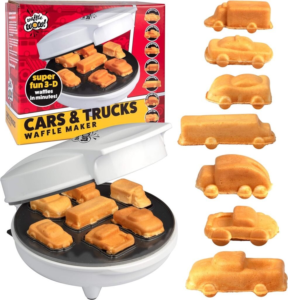 Car Mini Waffle Maker- Make 7 Fun, Different Race Cars, Trucks, and Automobile Vehicle Shaped Pancakes- Electric Waffler Iron- Non-Stick Pan Cake Baker w Recipe Guide- Fun Easter Basket Stuffer Gift