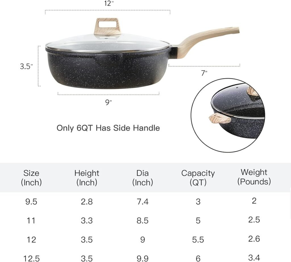 CAROTE 12Inch Nonstick Deep Frying Pan with Lid, 5.5 Qt Jumbo Cooker Saute Pan with Pour Spout, Skillet Induction Cookware, Non Stick Cooking Pan PFOA Free, Classic Granite