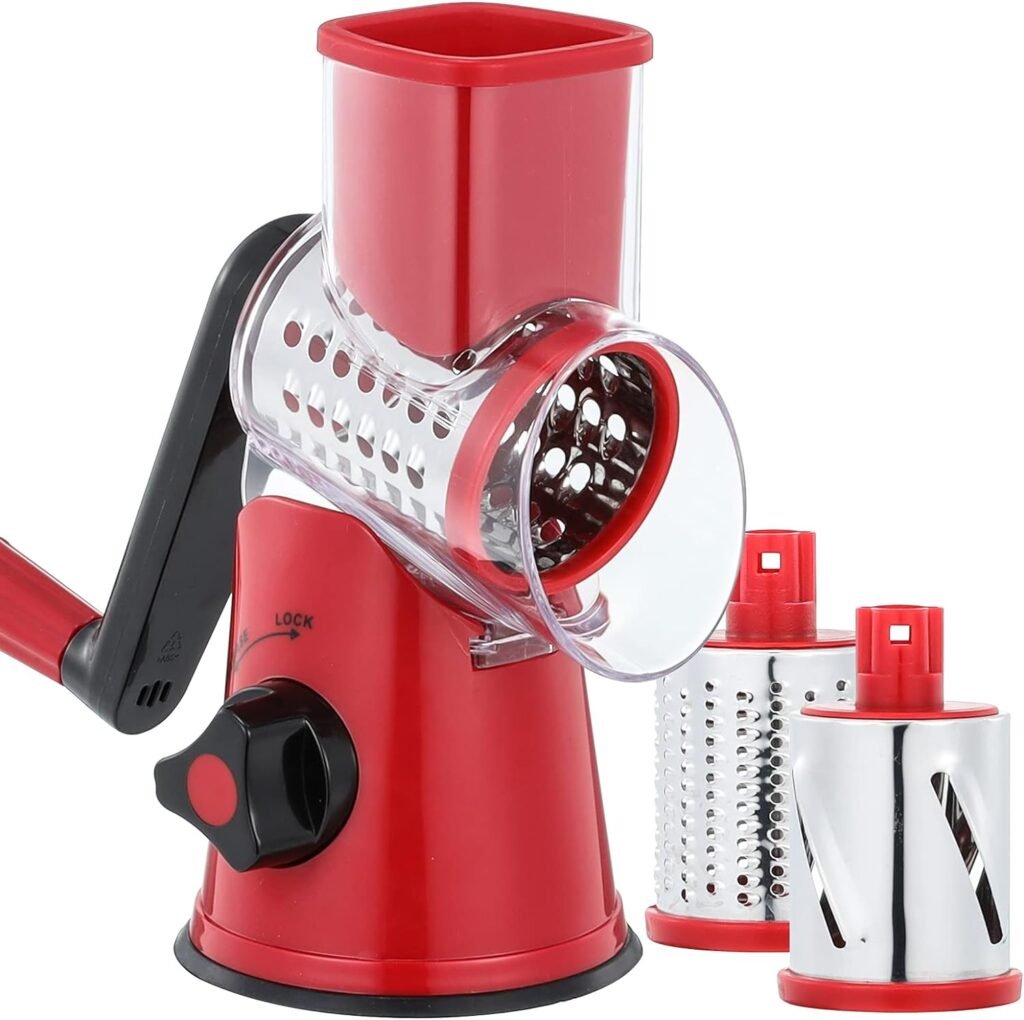 Cheese Grater Rotary, Rotary Grater for Kitchen, Kitchen Grater Vegetable Slicer with 3 Drum Blades, Fast Cutting Cheese Shredder for Vegetables and Nuts