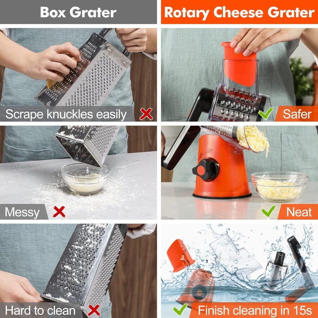 Cheese Grater Rotary, Rotary Grater for Kitchen, Kitchen Grater Vegetable Slicer with 3 Drum Blades, Fast Cutting Cheese Shredder for Vegetables and Nuts