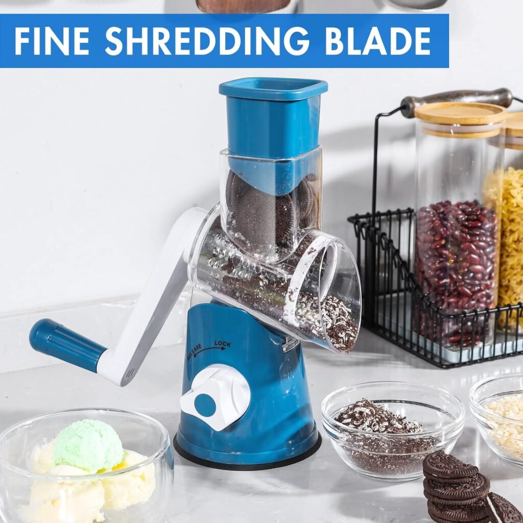 Cheese Grater Rotary, Rotary Grater for Kitchen, Kitchen Grater Vegetable Slicer with 3 Drum Blades, Fast Cutting Cheese Shredder for Vegetables and Nuts