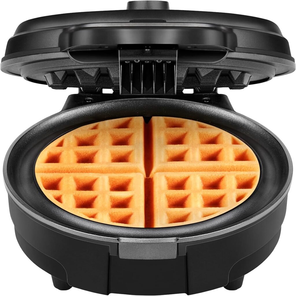 Chefman Anti-Overflow Belgian Waffle Maker w/Shade Selector, Temperature Control, Mess Free Moat, Round Iron w/Nonstick Plates  Cool Touch Handle, Measuring Cup Included, Black