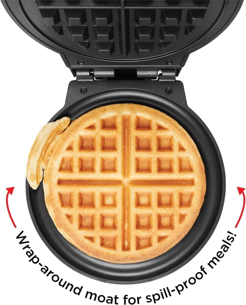 Chefman Anti-Overflow Belgian Waffle Maker w/Shade Selector, Temperature Control, Mess Free Moat, Round Iron w/Nonstick Plates  Cool Touch Handle, Measuring Cup Included, Black