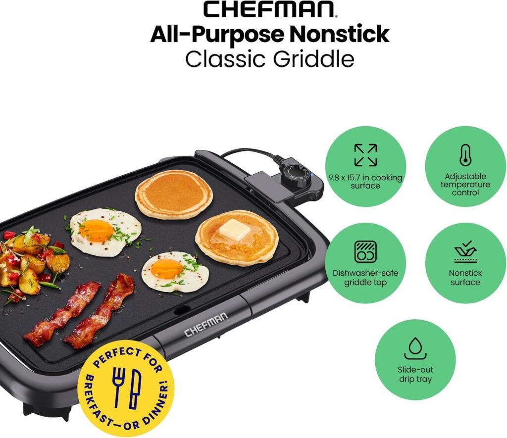 Chefman Electric Griddle with Removable Temperature Control, Immersible Flat Top Grill, Burger, Eggs, Pancake Griddle, Nonstick Easy Clean Cooking Surface, Slide Out Drip Tray, 10 x 16 Inch